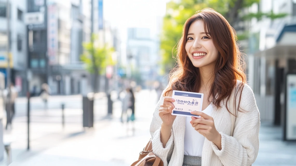 中納言の会員カードを手に持ち笑顔の日本人女性
