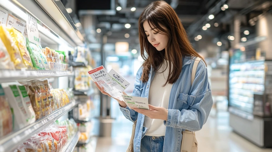 日本人女性が平日と週末のクーポン内容を比較して確認する様子
