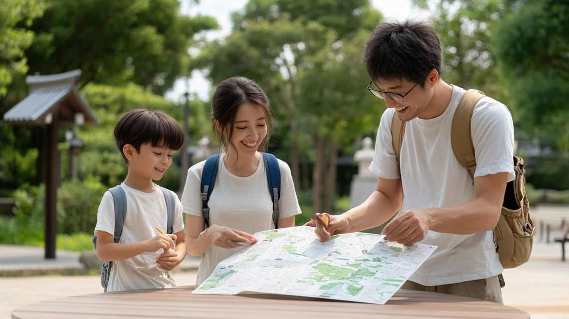 ラクテンチの園内マップを見て計画を立てる日本人家族