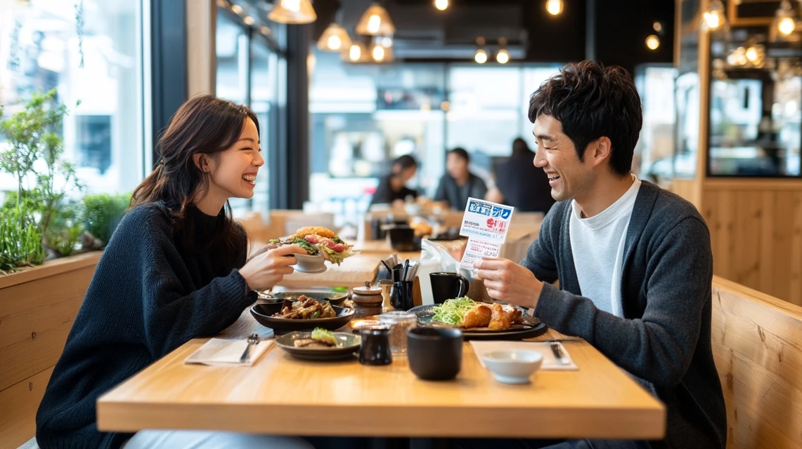 LINEクーポンでビッグボーイをお得に楽しむ日本人カップルの笑顔