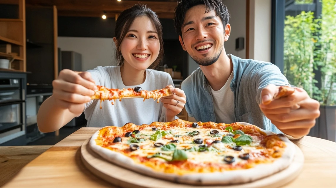アオキーズピザの半額セールで食事を楽しむ日本人カップル
