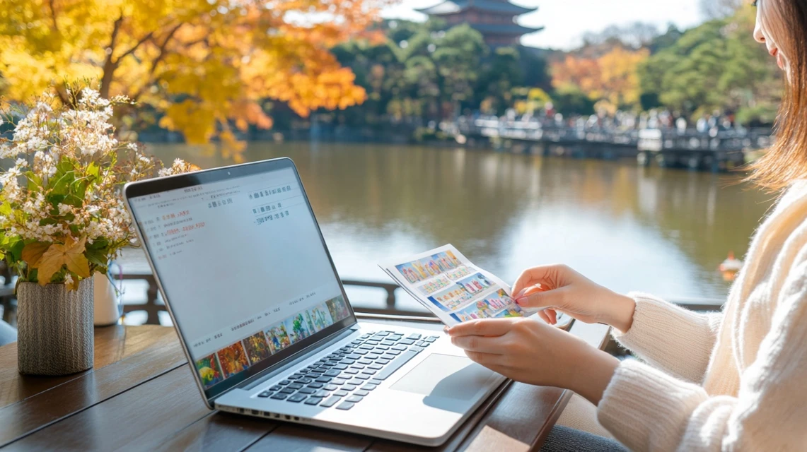 ぐらんぱる公園の前売りチケットをネット購入する日本人女性