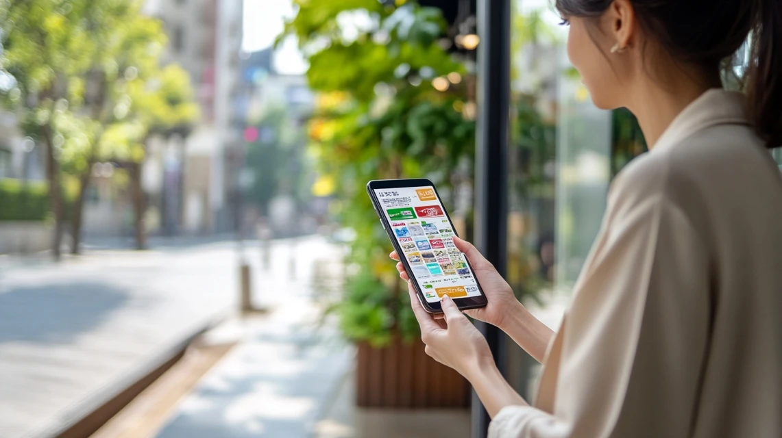 複数のクーポンを比較してケンタッキーを選ぶ日本人女性
