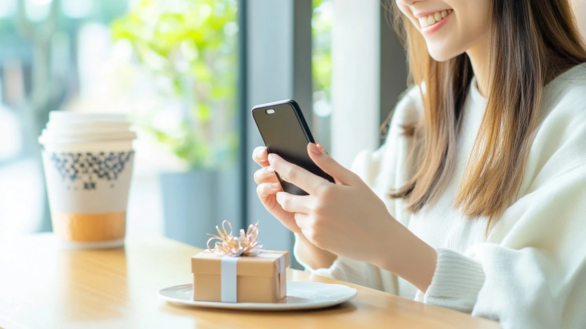 女性が誕生日プレゼントを手に笑顔を見せる様子