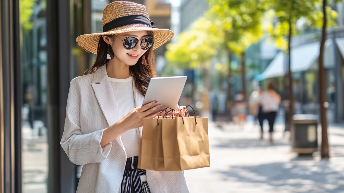 ジェミレミのクーポンコードをタブレットで確認する日本人女性の姿
