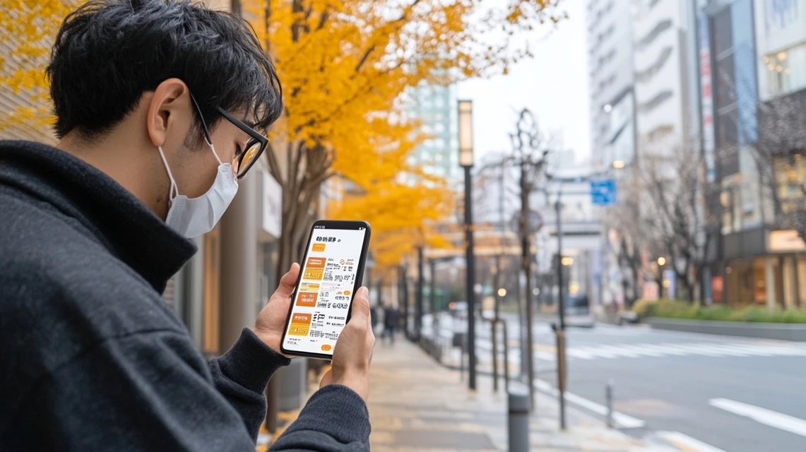 エラー画面を見つめる日本人旅行者の悩む表情の様子