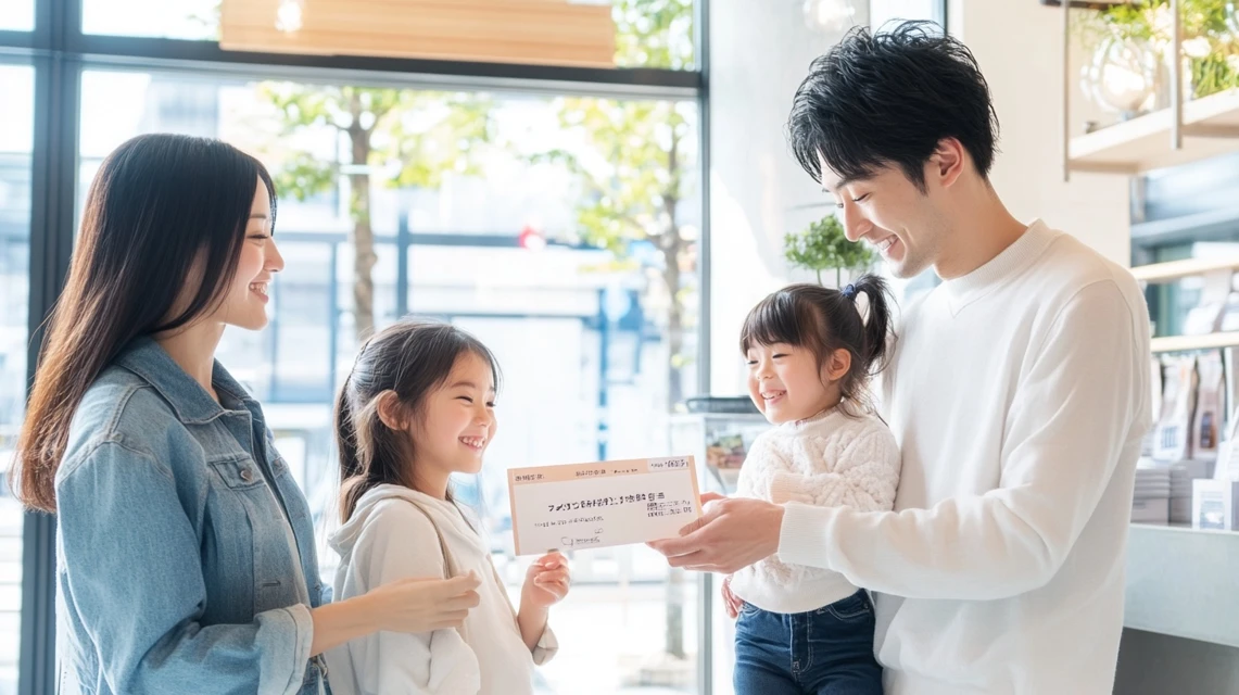 日本人家族が入会特典のクーポンを受け取って喜ぶ様子
