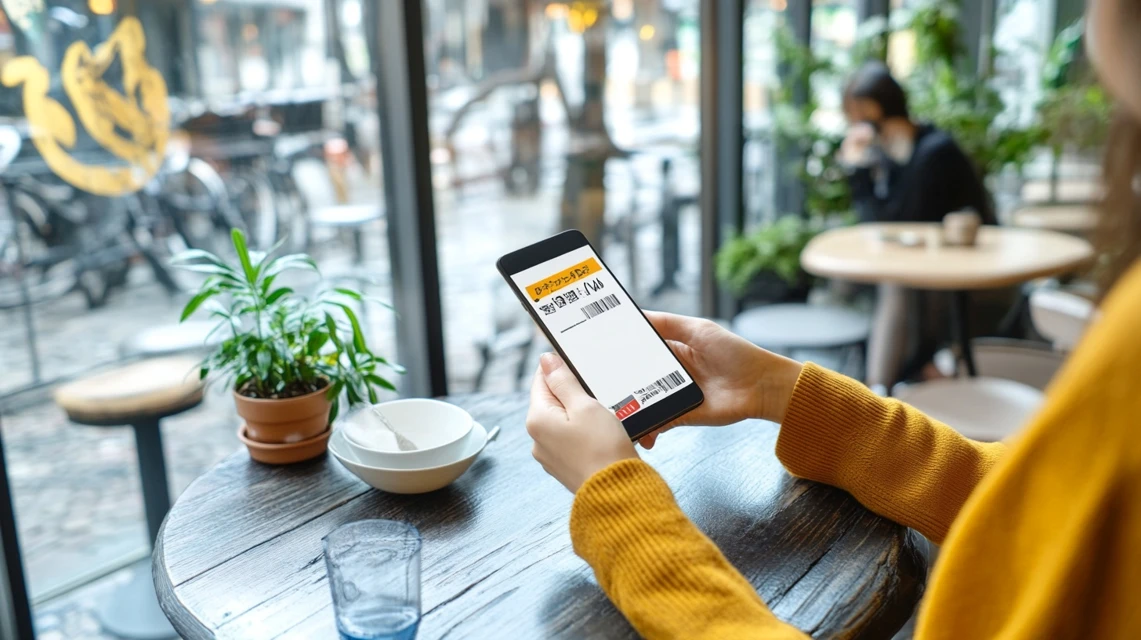 スマホで丸源ラーメンのクーポン25%OFFを確認する日本人女性