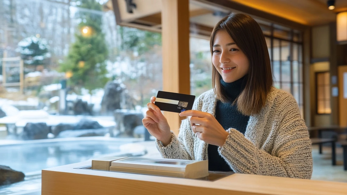 イオンカードを持って大滝の湯の入口で受付をする日本人女性