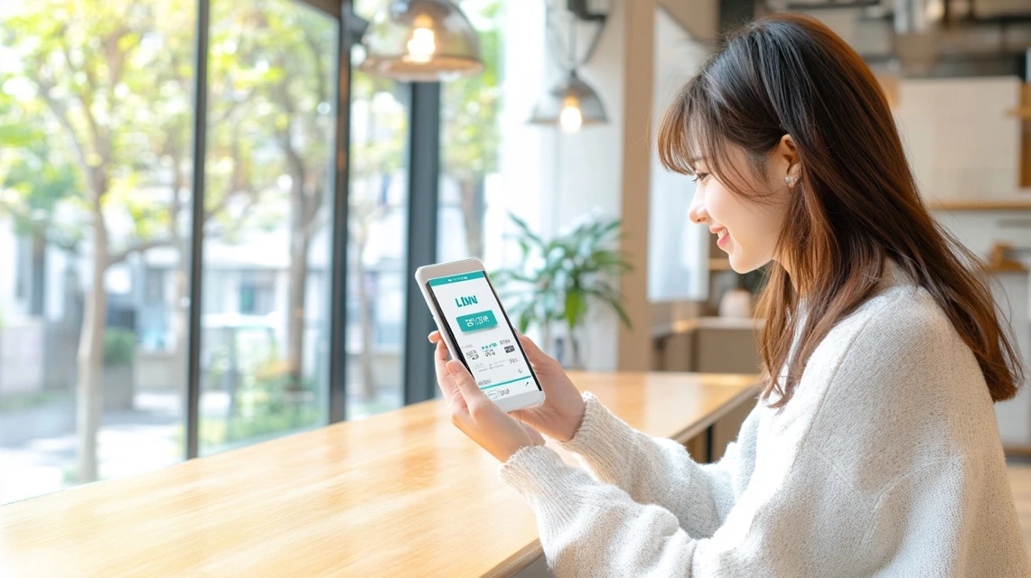 LINEでKEENクーポンを確認する日本人女性
