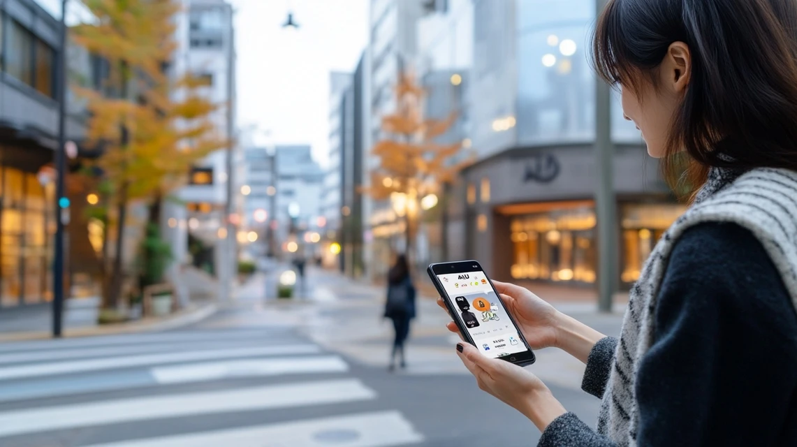 カフェでスマホを操作しフォルクス特典を確認する女性