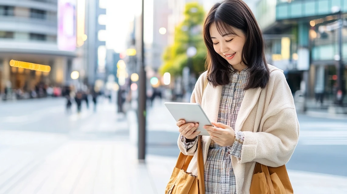 日本人親子が入場前にスマホで須磨シーワールドの当日券状況を確認する様子