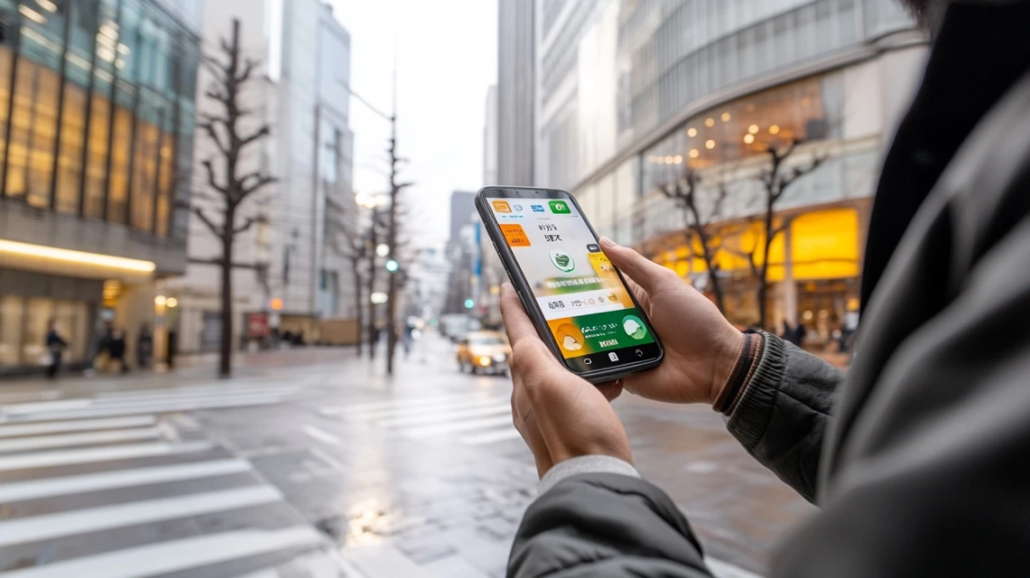 スマホアプリでフォルクス割引を確認する男性