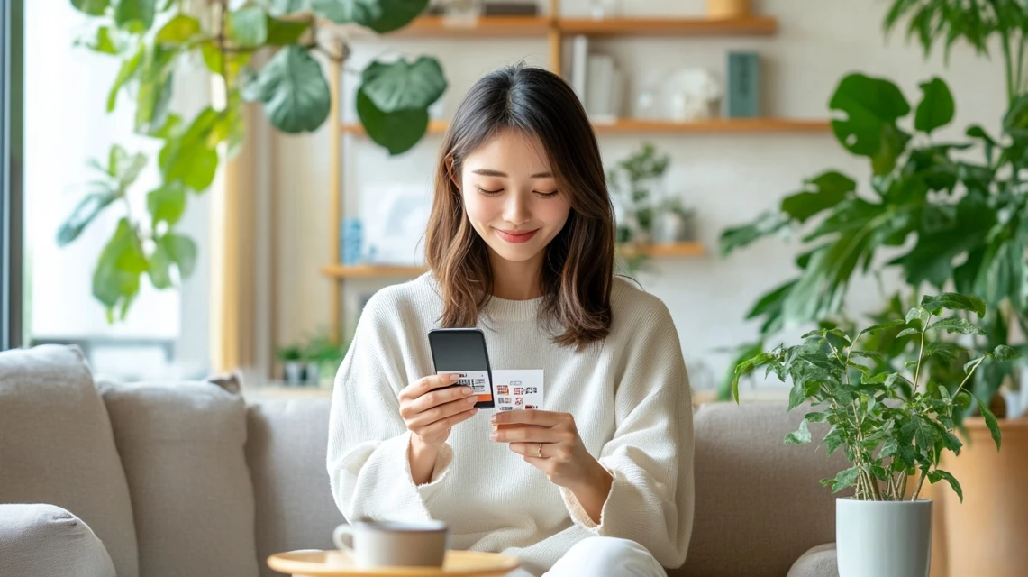 女性がLINEでニトリの割引情報をチェック