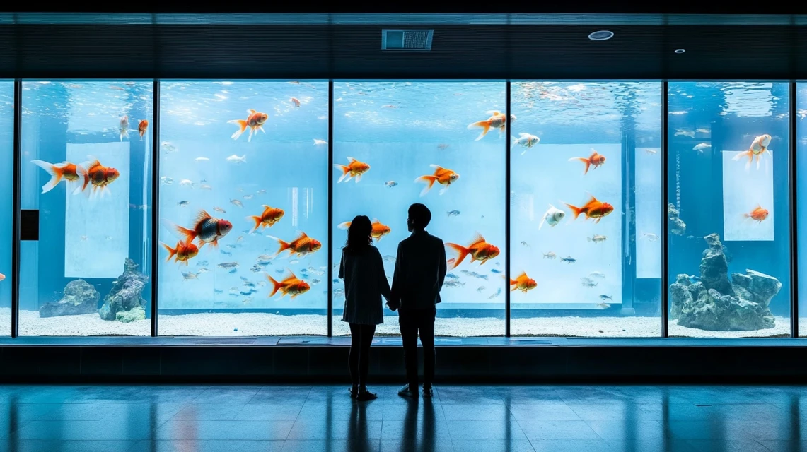 アートアクアリウム大阪で展示を楽しむ日本人カップルの姿

