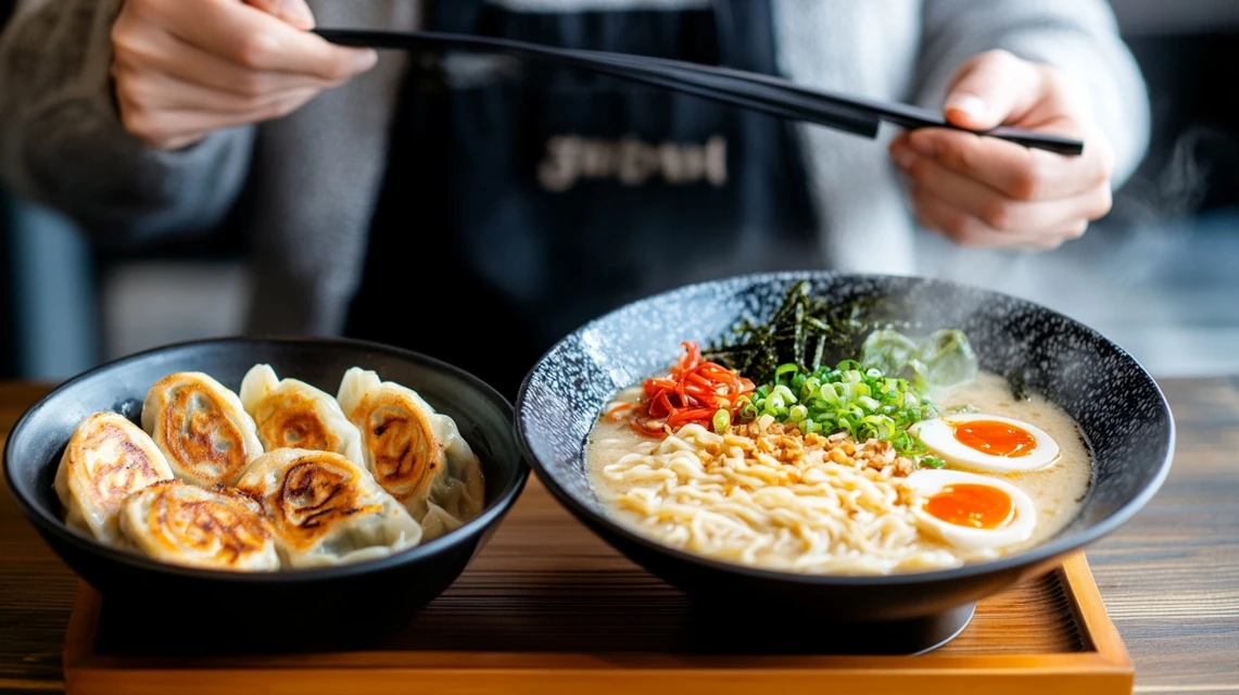日高屋の大盛りラーメンと餃子セットを楽しむ日本人客