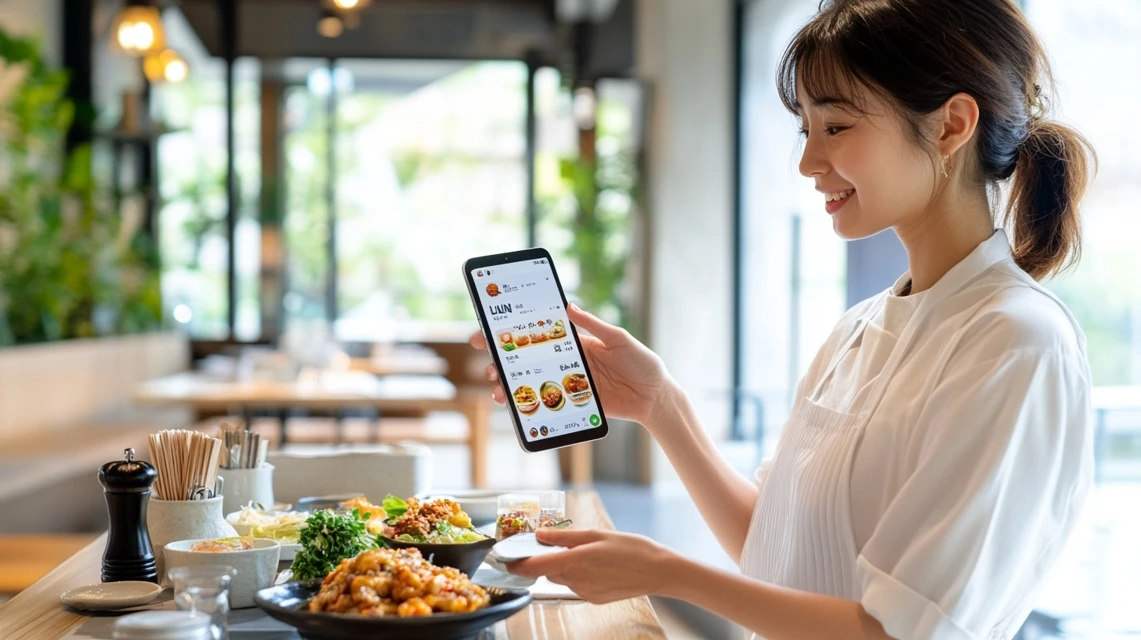 LINEとアプリのビッグボーイクーポンを比較する日本人女性