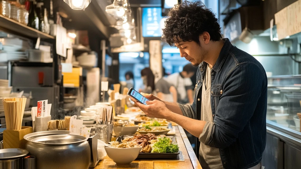 吉野家クーポンの利用条件をスマホで確認する日本人男性