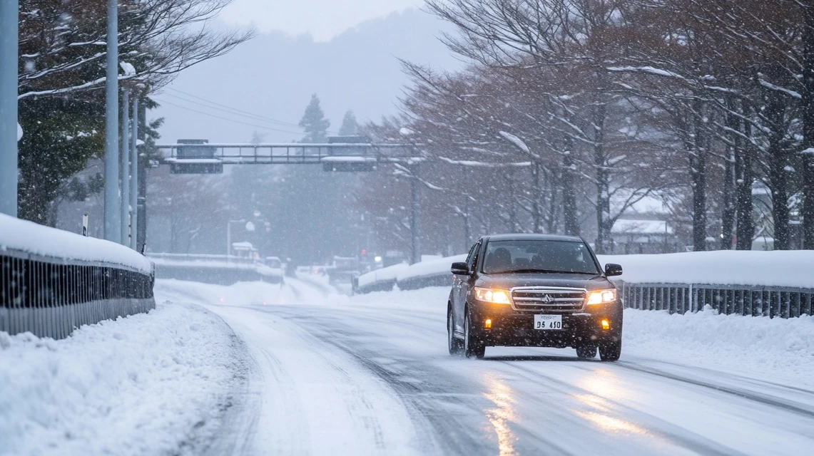 雪道を走る車で大滝の湯へ向かう日本人旅行者の冬の景色