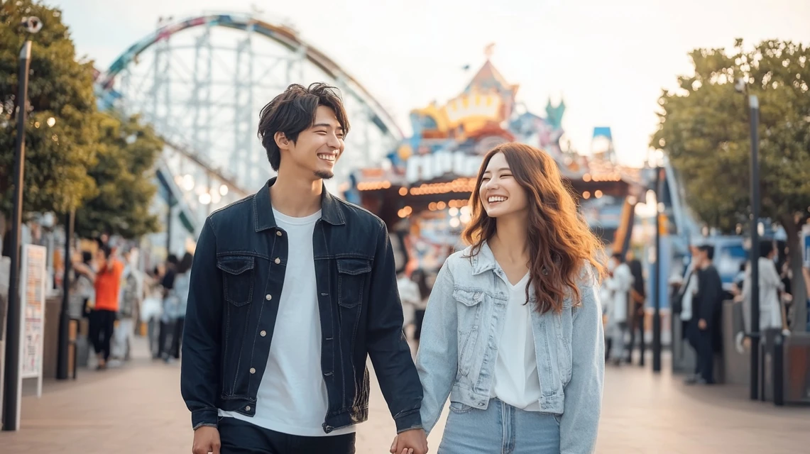 日本人カップルがテーマパーク前で笑顔