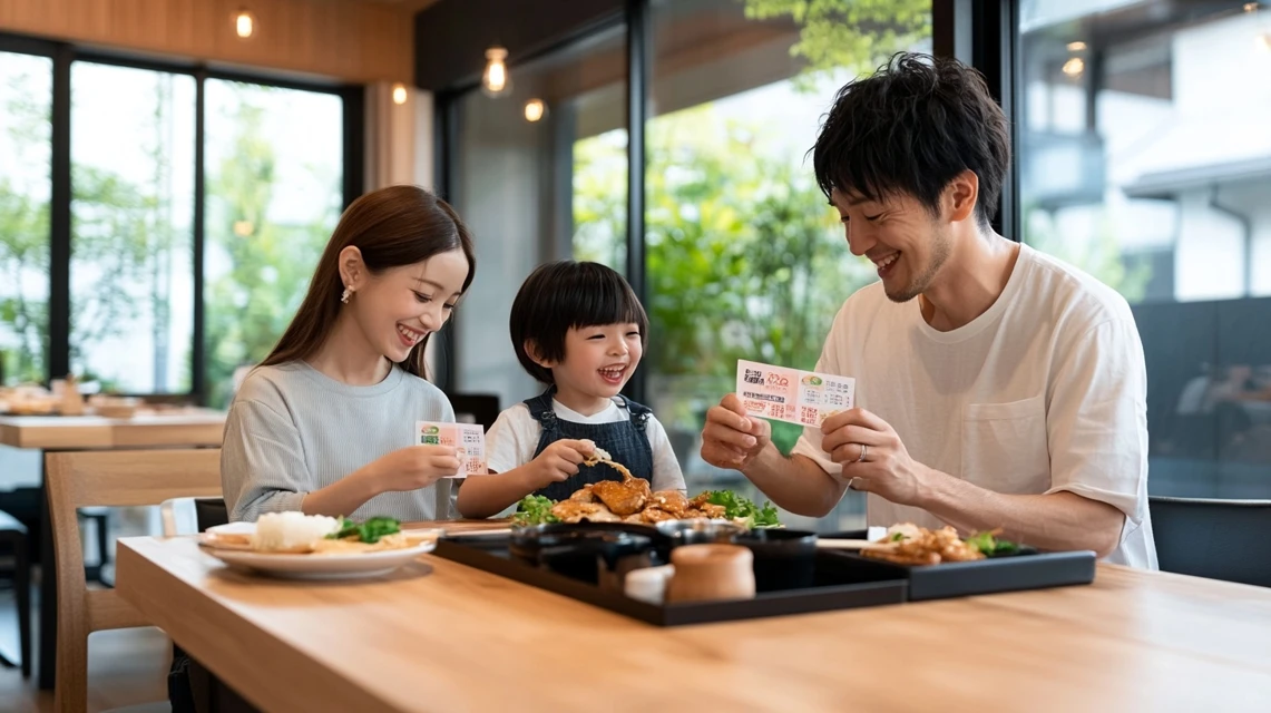 和食さとのLINEクーポンで食事を楽しむ日本人家族