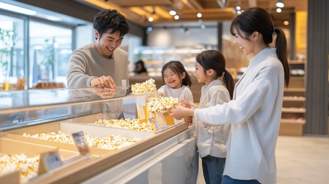 日本人家族がポップコーンクーポンを使って購入する場面