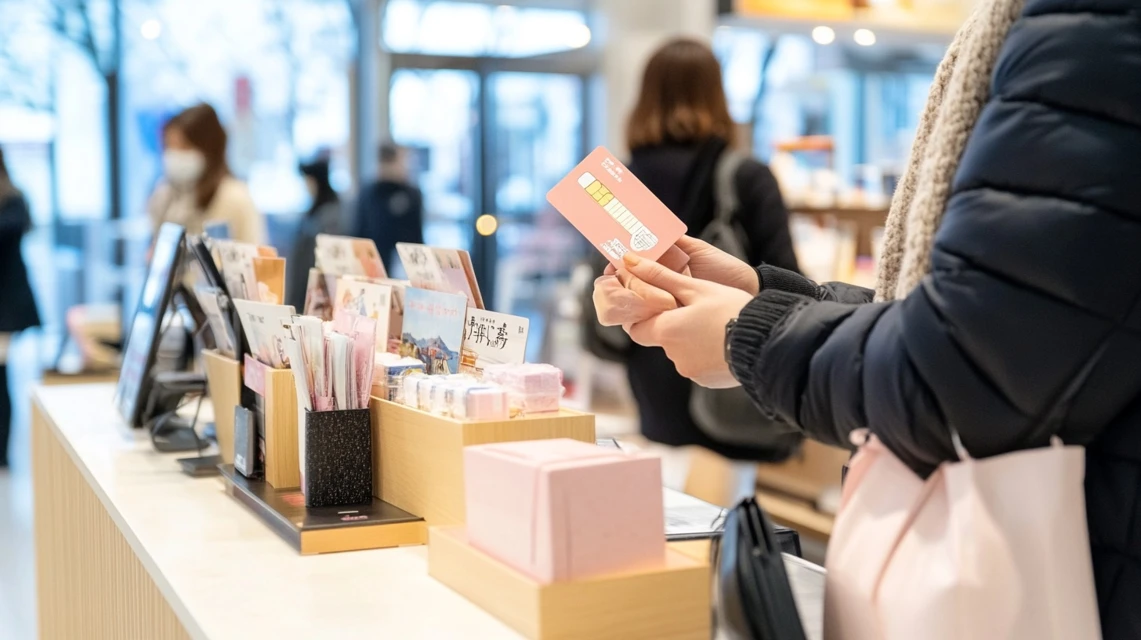 フリーセレクションのギフトカードを店舗で利用する日本人客の様子
