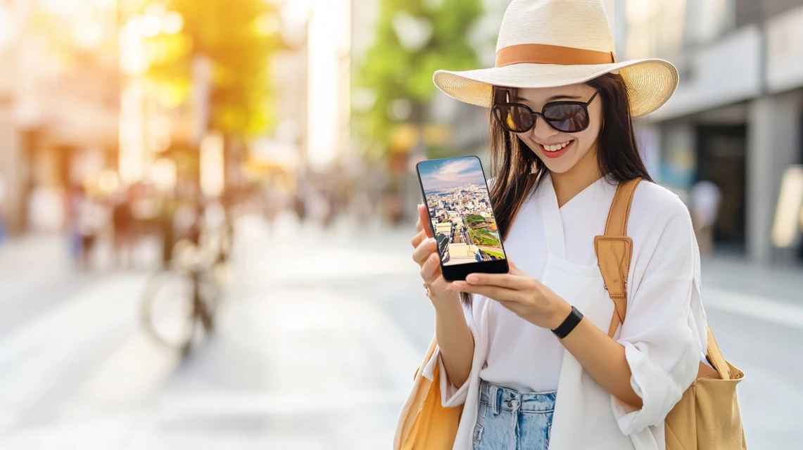 春の旅行シーズンにJTB割引情報を調べる日本人女性