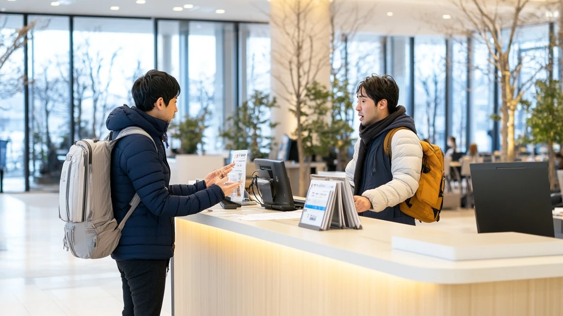 フリーセレクションが使えない状況について相談する日本人旅行者の場面
