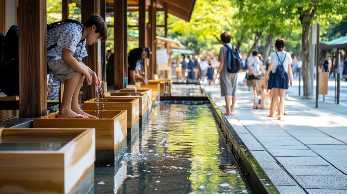 草津温泉街の足湯でくつろぐ日本人観光客の穏やかな風景