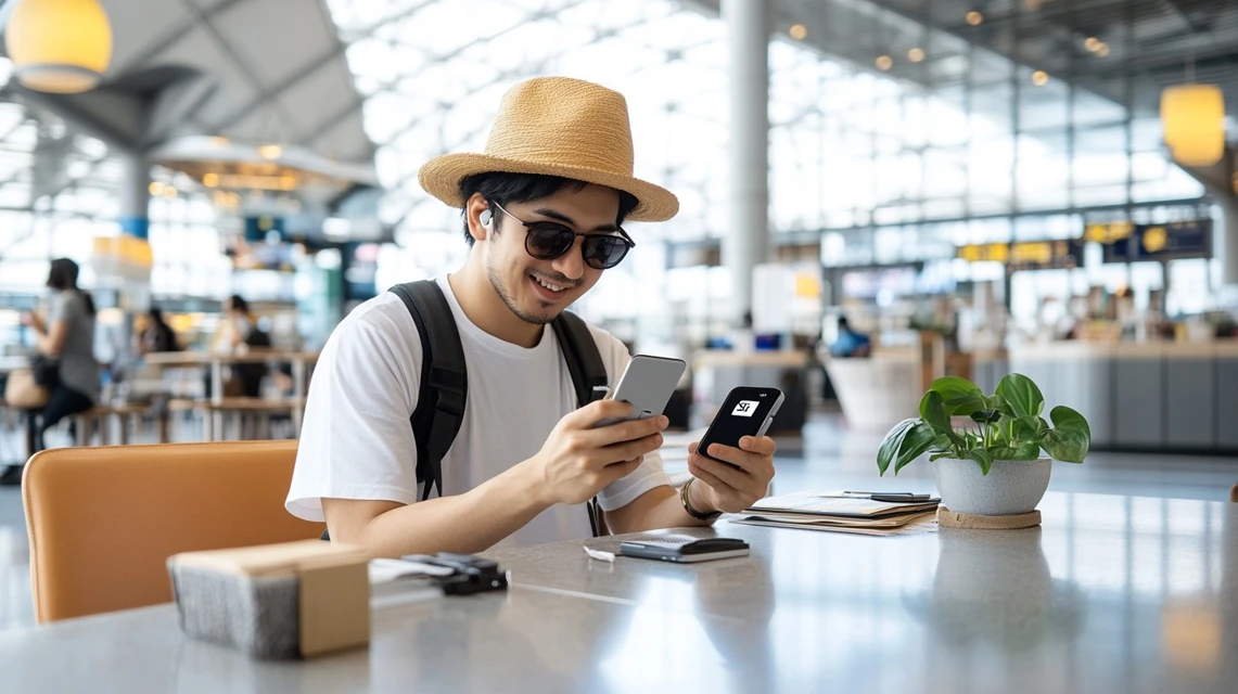 ワールドesimの設定手順を学ぶ日本人男性のスマホ操作