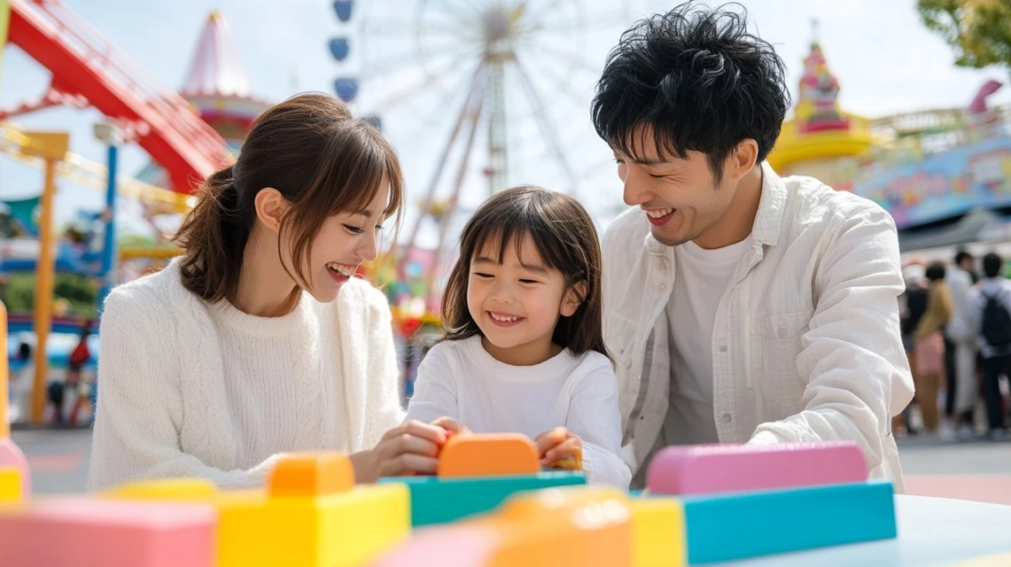 家族が明るいテーマパークを満喫中