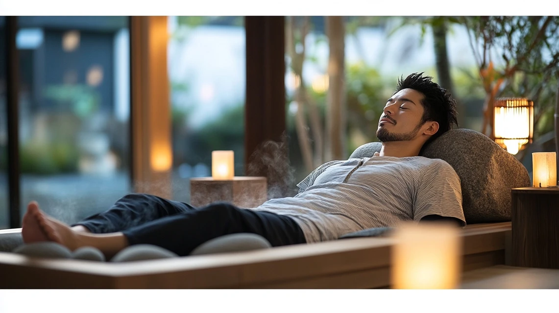 岩盤浴でくつろぐ日本人男性
