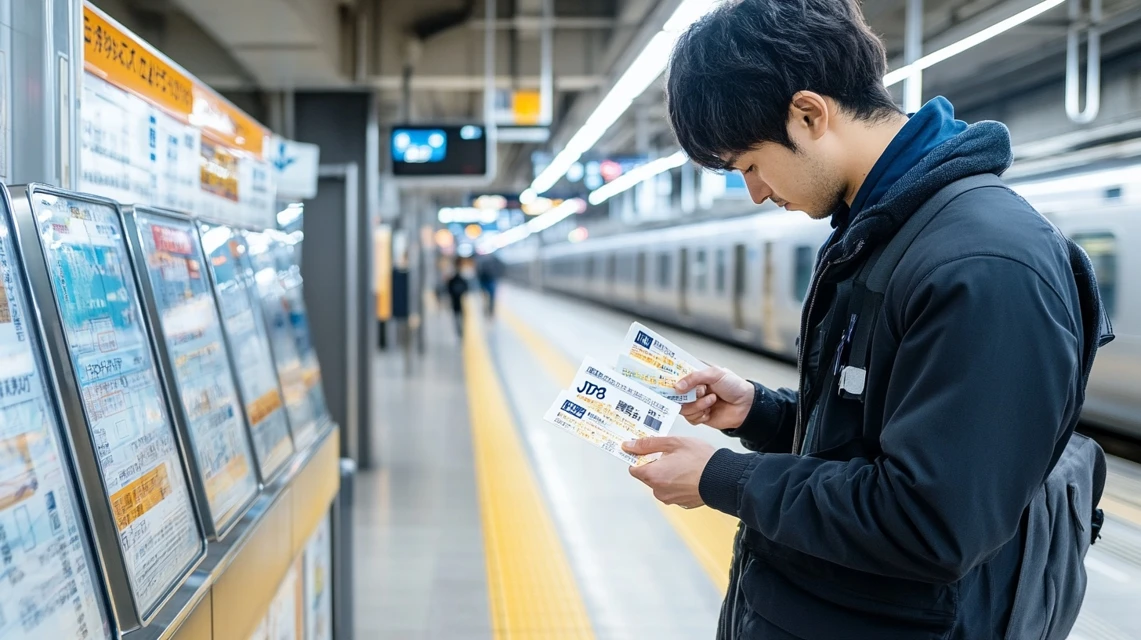 駅でクーポンを確認する日本人旅行者のイメージ