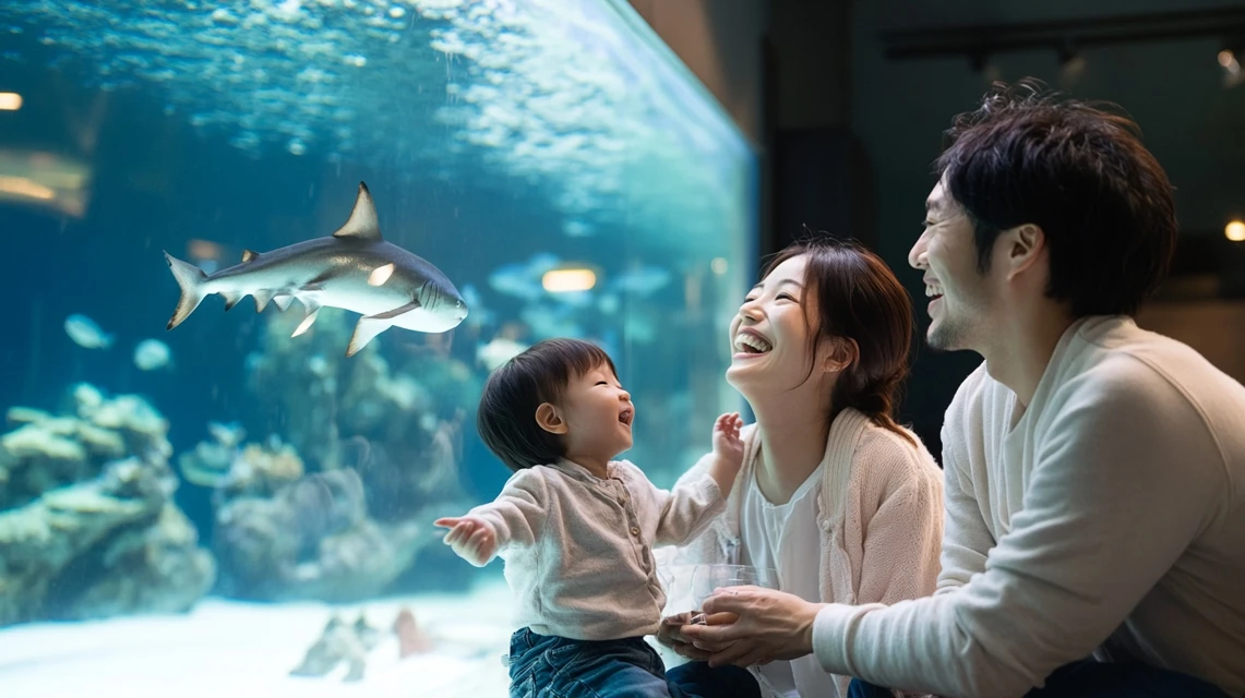 日本人家族がクーポンを活用して須磨シーワールドで楽しい1日を過ごす様子