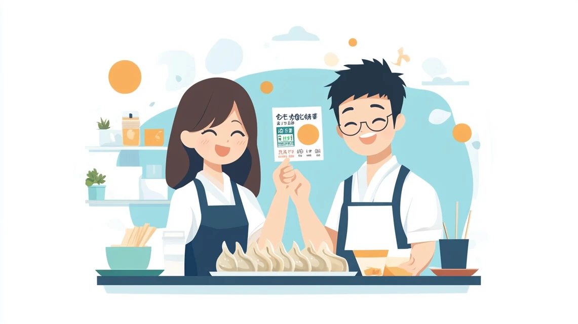 LINEキャンペーンで餃子無料券を受け取り喜ぶ日本人夫婦
