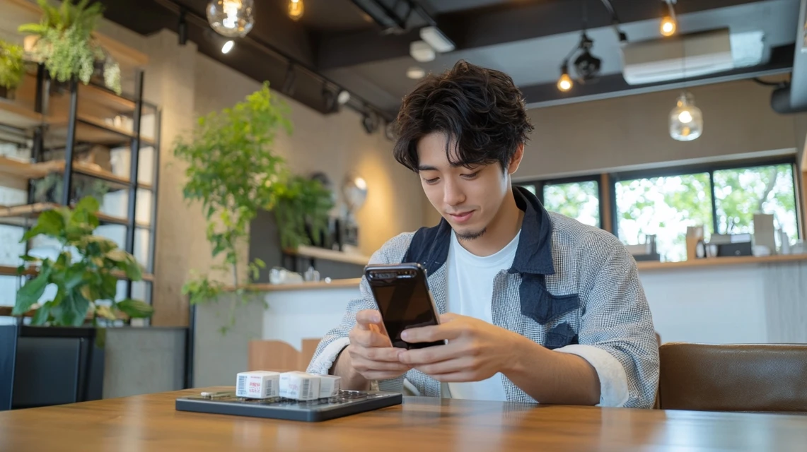 ムビチケのクーポンコード入力方法を学ぶ日本人男性
