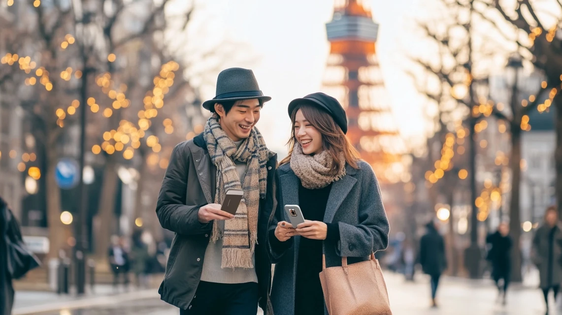 ワールドesimの設定手順を学ぶ日本人カップルのスマホ操作
