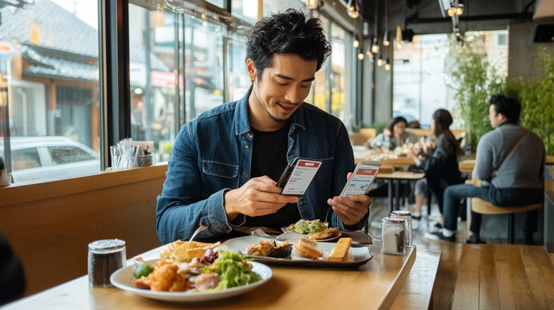 スマホで安楽亭の20%OFFクーポンを確認する日本人男性