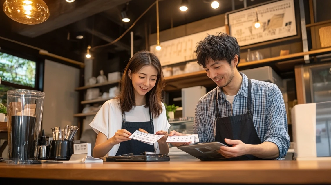 丸源ラーメンの25%OFFと金額割引を比較する日本人カップル