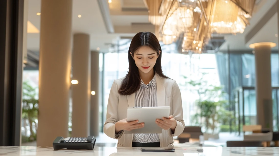 亀の井ホテルの運営会社を調べる日本人ビジネスウーマン