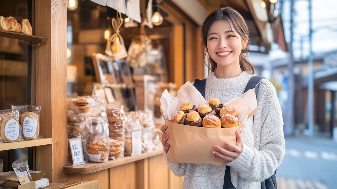 ビアードパパの袋を持つ笑顔の女性
