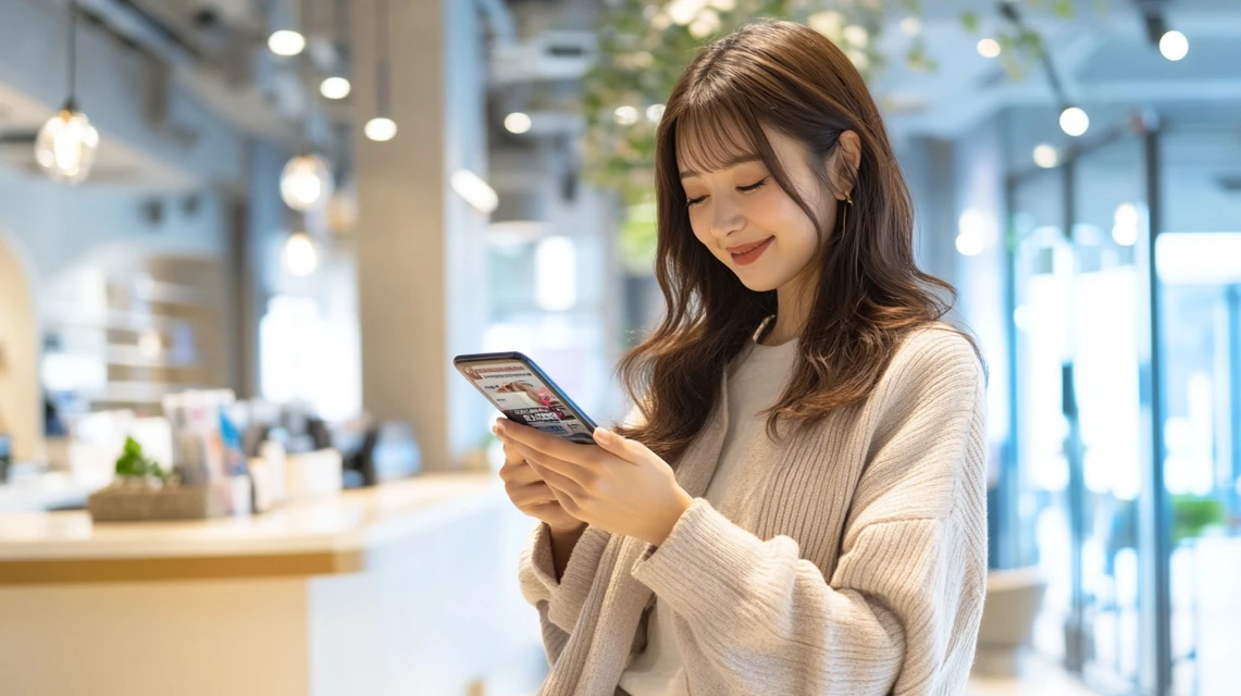 女性がスマホで複数クーポンを併用確認