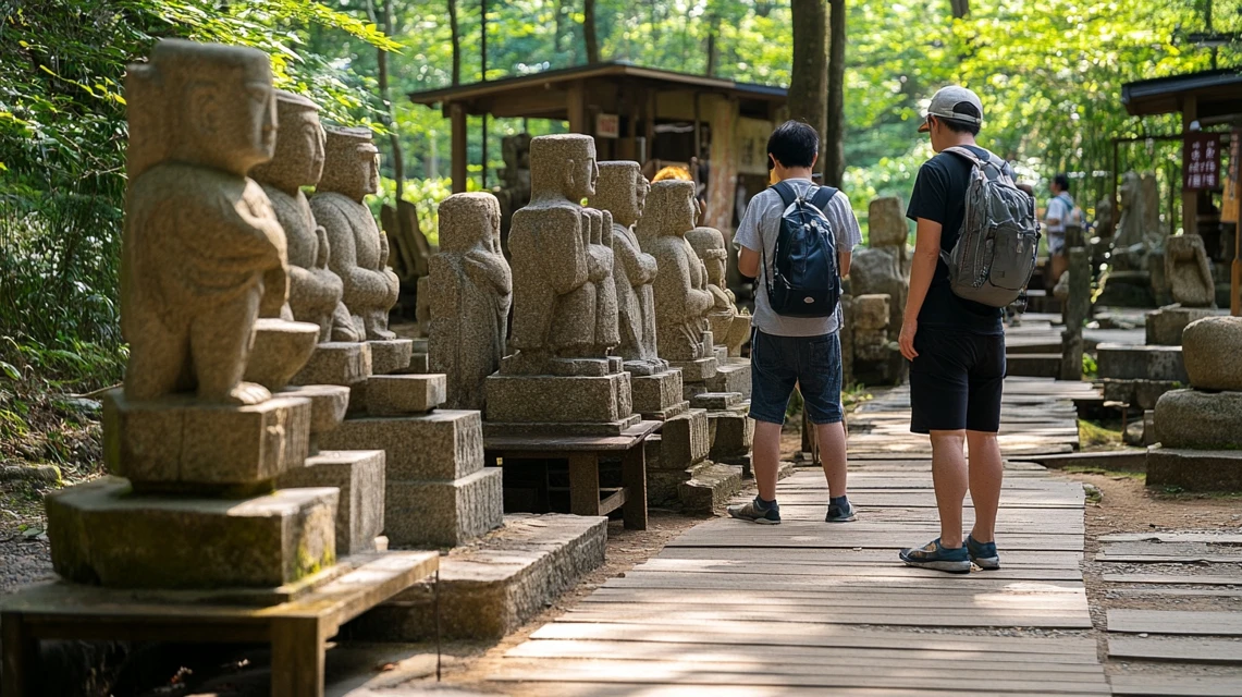 裏草津の湯地蔵エリアを訪れる日本人観光客の静かな風景