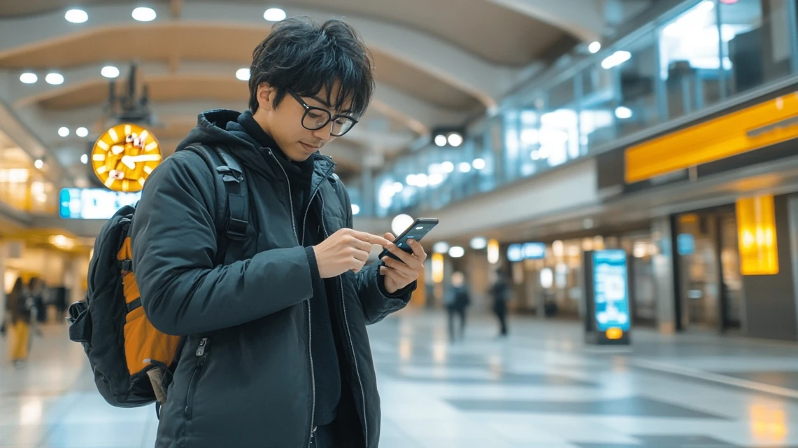 みんなの競輪ポイント付与タイミングを確認する日本人男性
