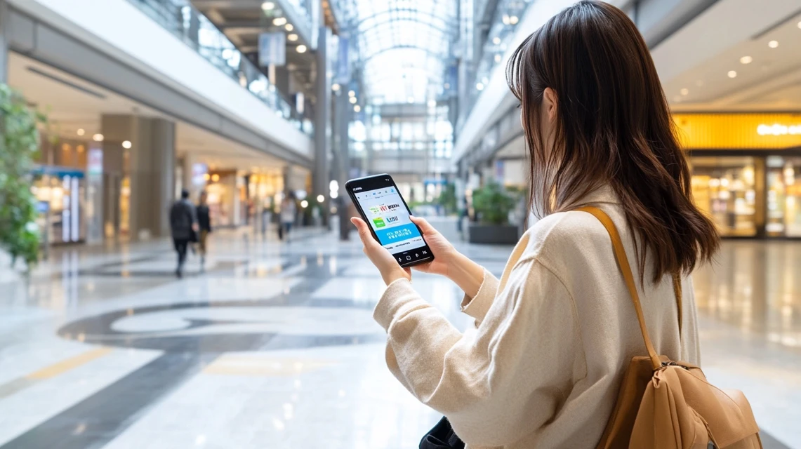 女性がスマホアプリで割引を確認中