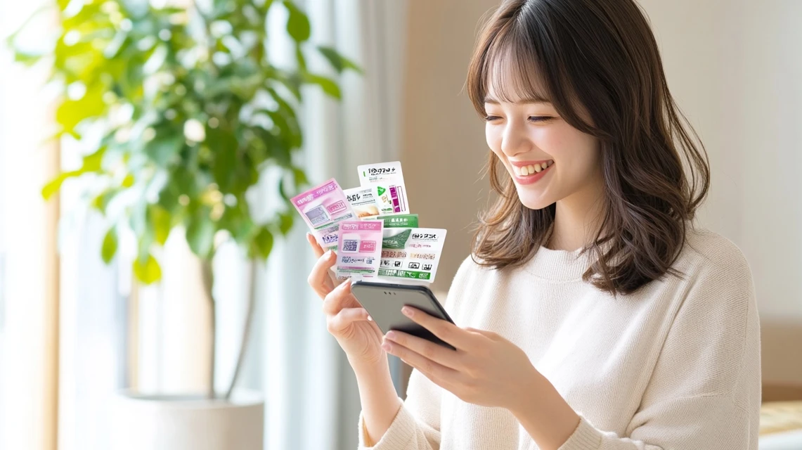 びっくりドンキーのLINEクーポンを併用する日本人女性の笑顔
