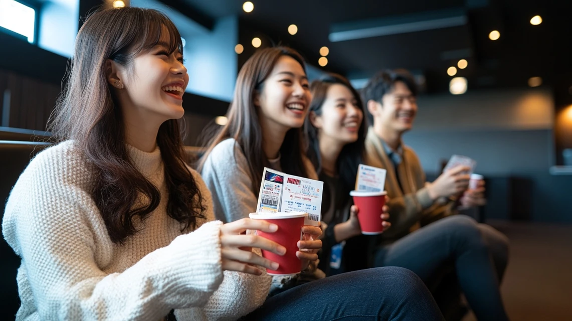 日本人グループがクーポン活用法を話し合い映画を安く観賞