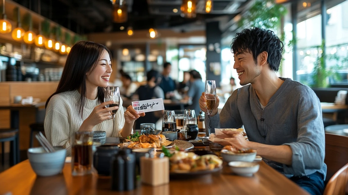 フォルクスでクーポンを使い笑顔で食事を楽しむ夫婦