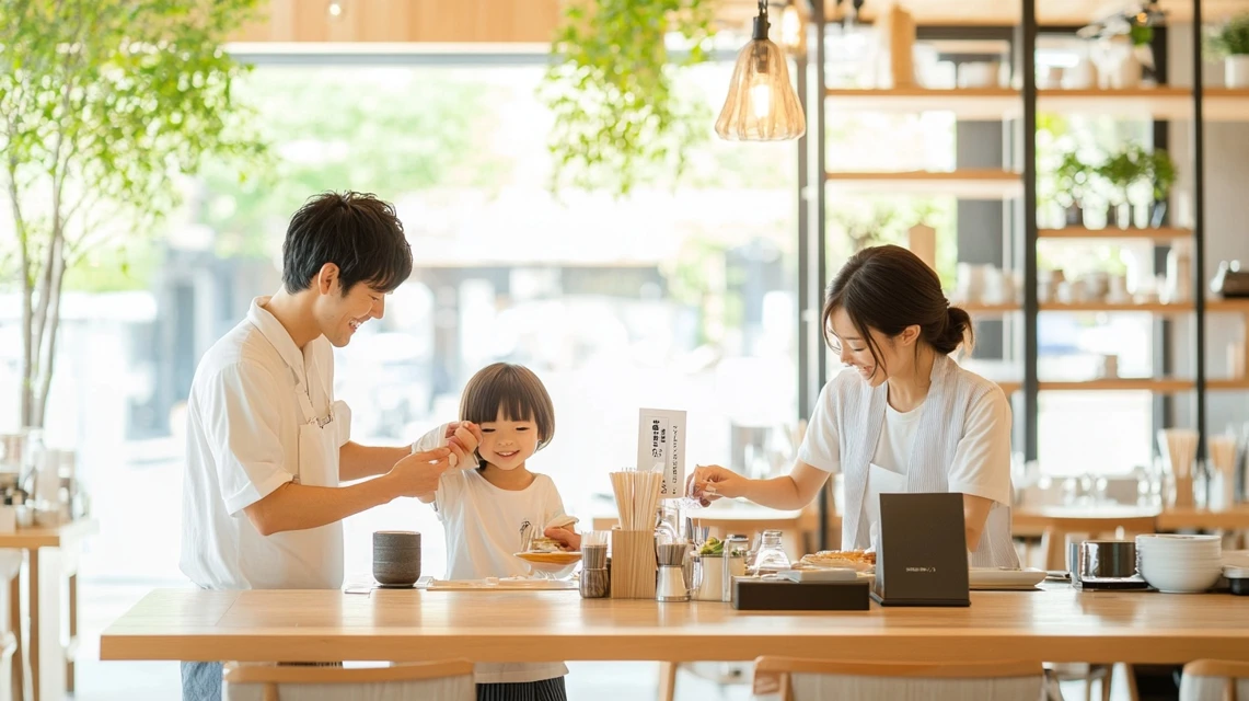 ジョリーパスタで会員割引クーポンを提示する日本人家族